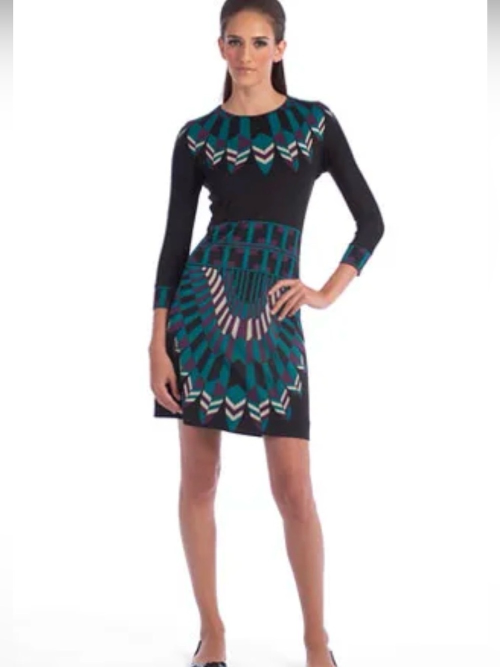 Tory Burch Vintage Art Deco Print Long-Sleeve 100% Silk Knit Dress Size XS